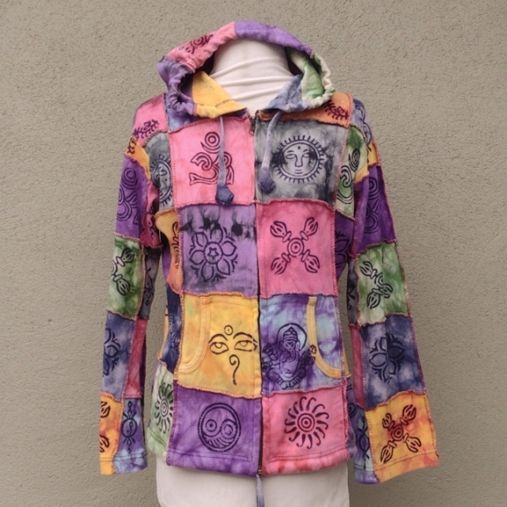 Vintage Kathmandu Imports Colorful Patchwork Zipped Hoodie Women's Small